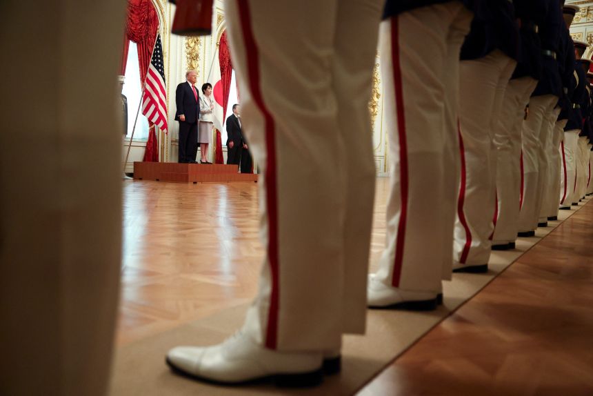 US President Donald Trump and Japanese Prime Minister Sanae Takaichi attend a bilateral meeting at Akasaka Palace in Tokyo, Japan, on October 28, 2025.