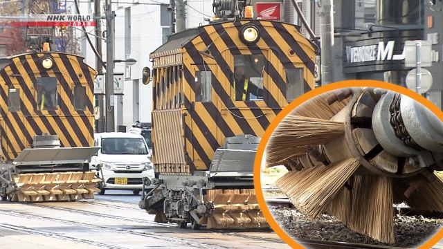 Hokkaido snowplow train with bamboo brushes makes trial run ahead of winter Hokkaido snowplow train with bamboo brushes makes trial run ahead of winter