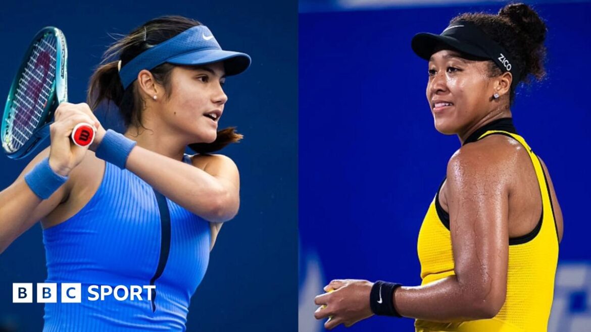 Split picture of Emma Raducanu and Naomi Osaka in action