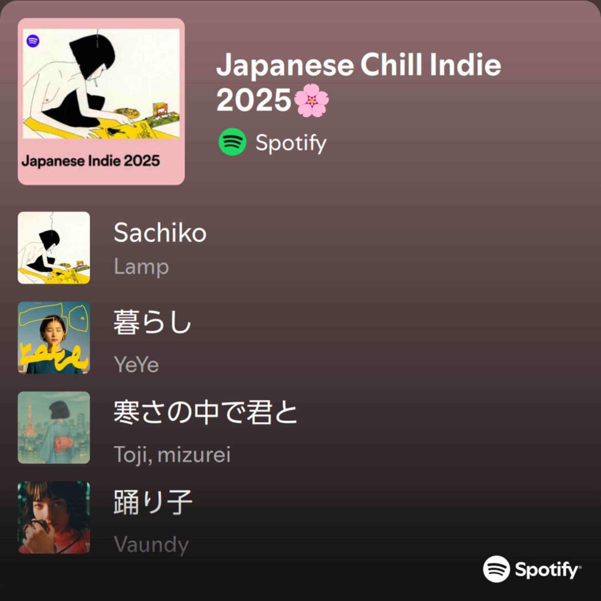 Looking for Japanese indie pop for chilling, I found this playlist. Beautiful songs I must say