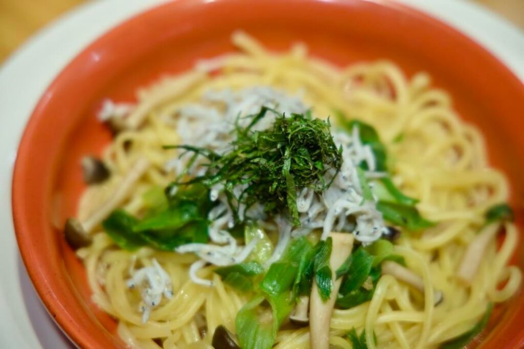 Wafū Pasta: Whitebait, Mushroom, and Shiso Greens.