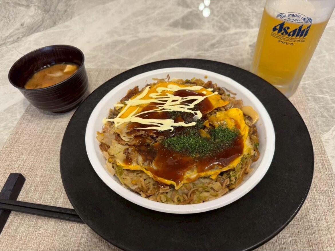 [homemade] Japanese okonomiyaki (savory pancake) with miso soup and beer 🍺