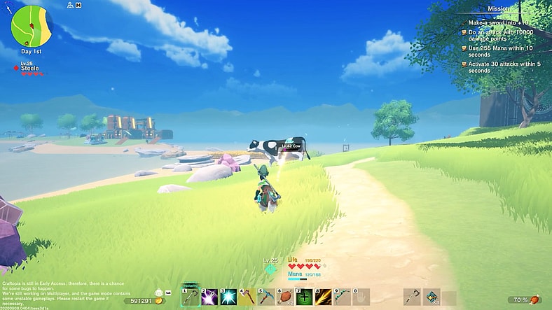 The player tries to catch a cow with a Monster Prism in Craftopia (2020), Pocketpair