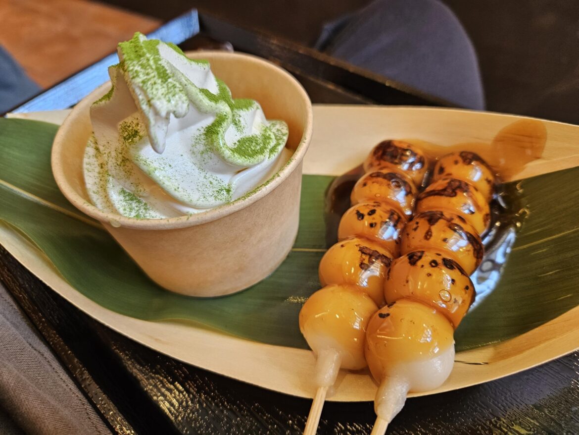 Mitarashi dango and Hokkaido milk soft serve from a matcha shop in Kyoto