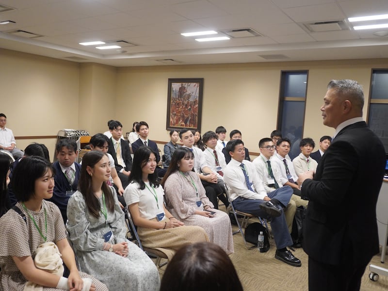 Elder Motoshige Karino speaks to participants at the Returned Missionary Workshop in the Tokyo Japan Temple annex in Hiroo, Tokyo, on Oct. 18, 2025.
