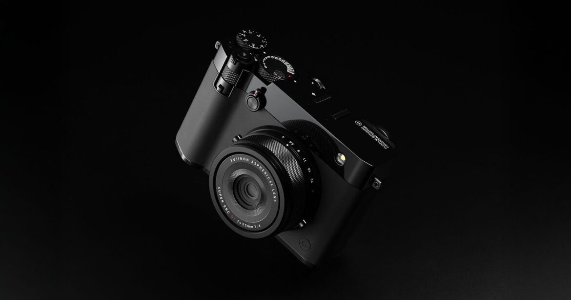 A sleek, black digital camera with a lens and various control dials is displayed on a dark background, showcasing its modern and minimalist design.
