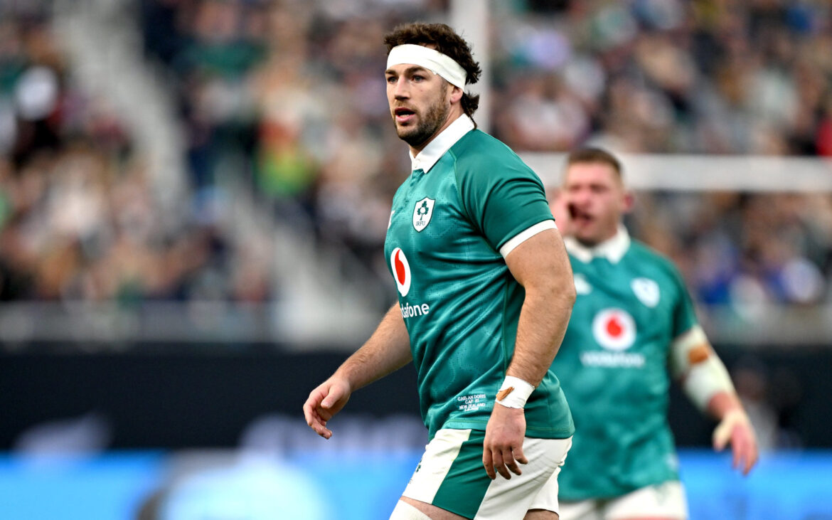 Watch the Autumn International for free Caelan Doris of Ireland walking across the field during the 2025 November Test against New Zealand at Chicago's Soldier Field