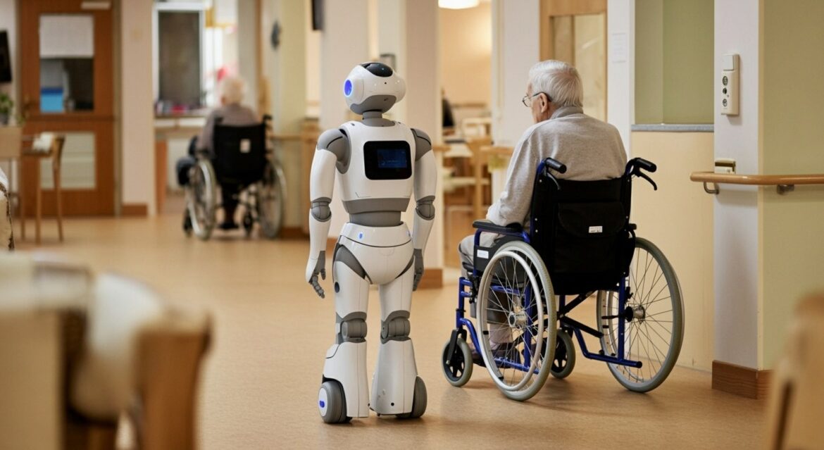 Who is willing to trust home-care robots in Japan? ai robot walking by the side of elderly person in wheelchair