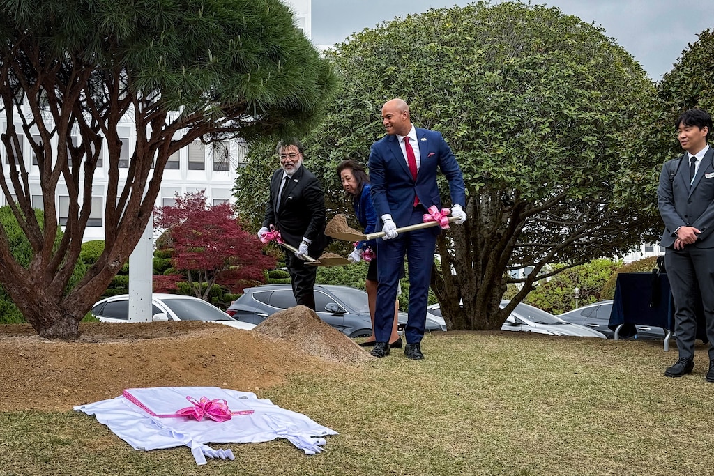 Gov. Wes Moore participates in a tree planting ceremony outside the provincial offices of South Gyeongsang, Maryland’s Korean sister state. Moore, South Gyeongsang Gov. Park Wan-Su, and other dignitaries planted a white pine to symbolize their everlasting strength.