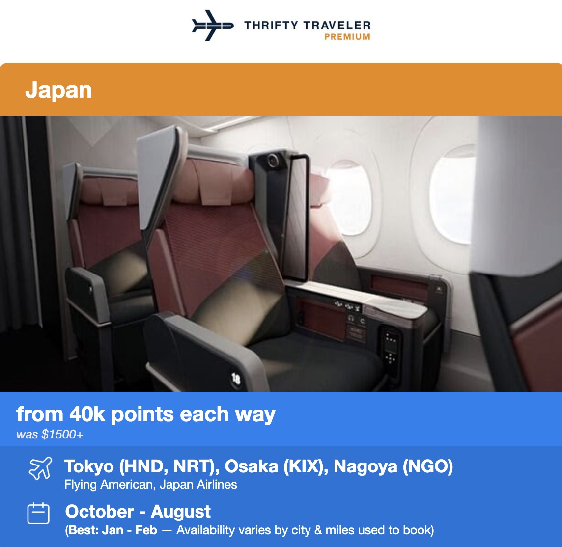 The Best Ways to Book Flights to Japan in 2025 or 2026 33 Japan Airlines premium economy seat in a graphic displaying 40,000 point premium economy seats flying to and from Japan.