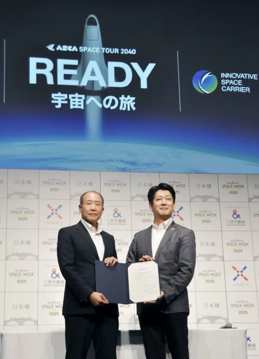 Nippon Travel Agency Co. President Keigo Yoshida, Left, And Kojiro Hatada, President Of The Tokyo Based Startup Innovative Space Carrier Inc., Pose For Photos In Tokyo