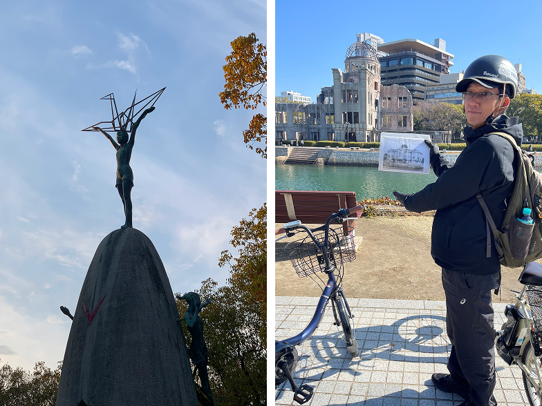 2 photo collage of a Hiroshima guide next to a statue in the peace park.