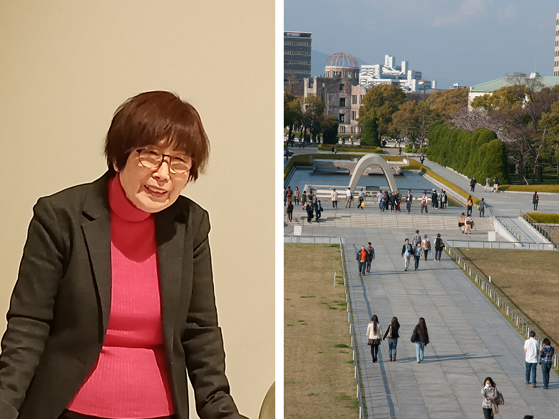 2 photo collage of a Hiroshima survivor next to the Hiroshima peace park.