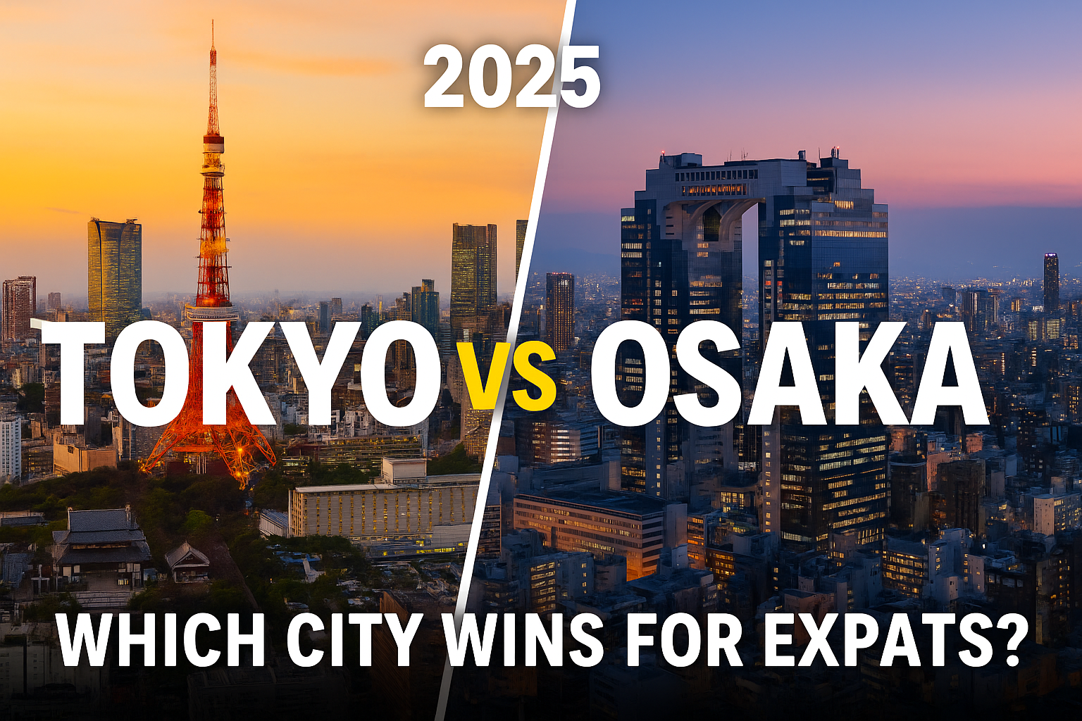 Tokyo vs Osaka 2025: Which City Wins for Expats? Tokyo vs Osaka 2025 — Which city wins for expats? Split skyline of Tokyo Tower and Osaka Umeda at twilight