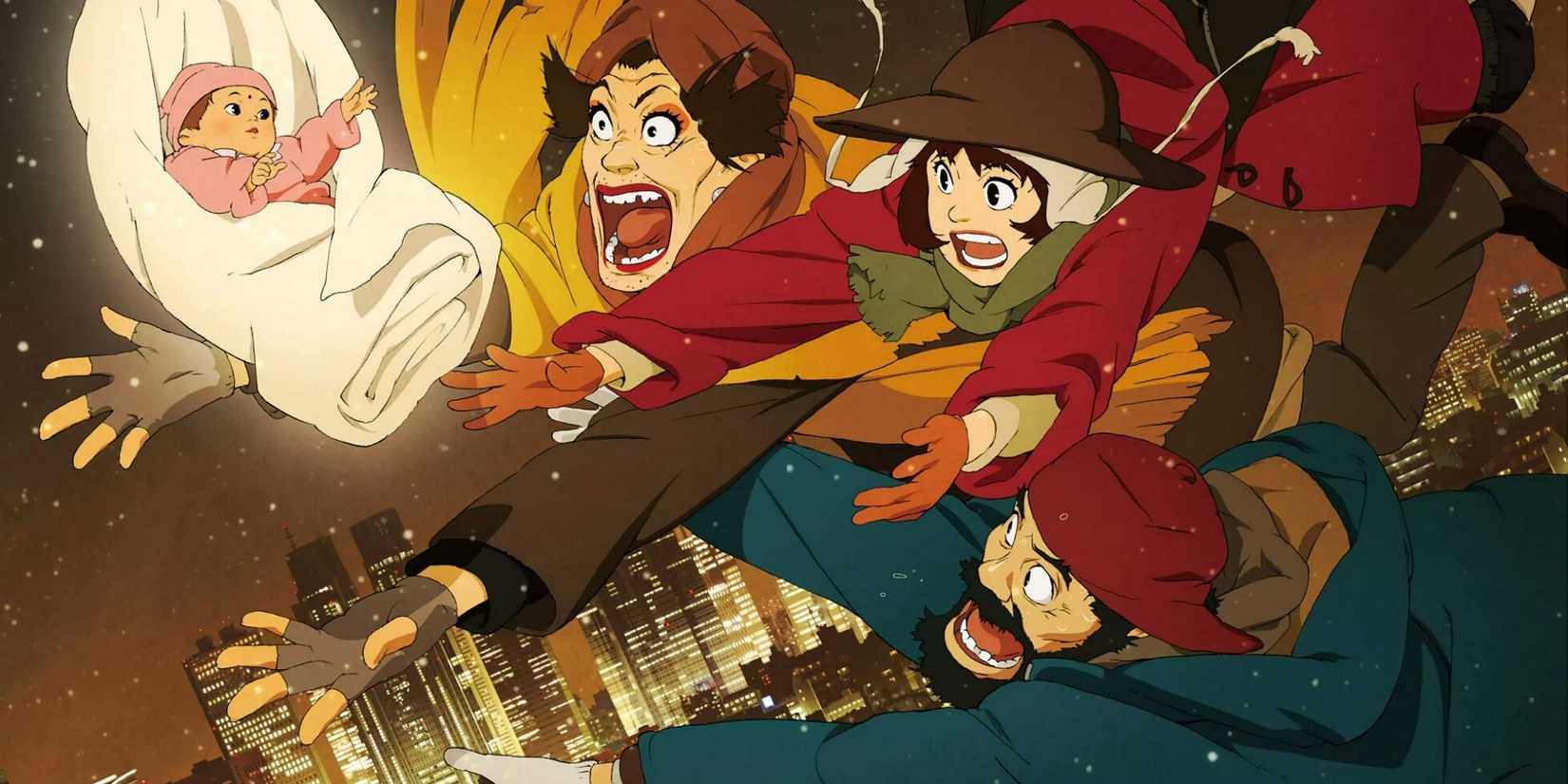 A family of three scream in fear and jumps forward to catch a falling baby in Tokyo-Godfathers