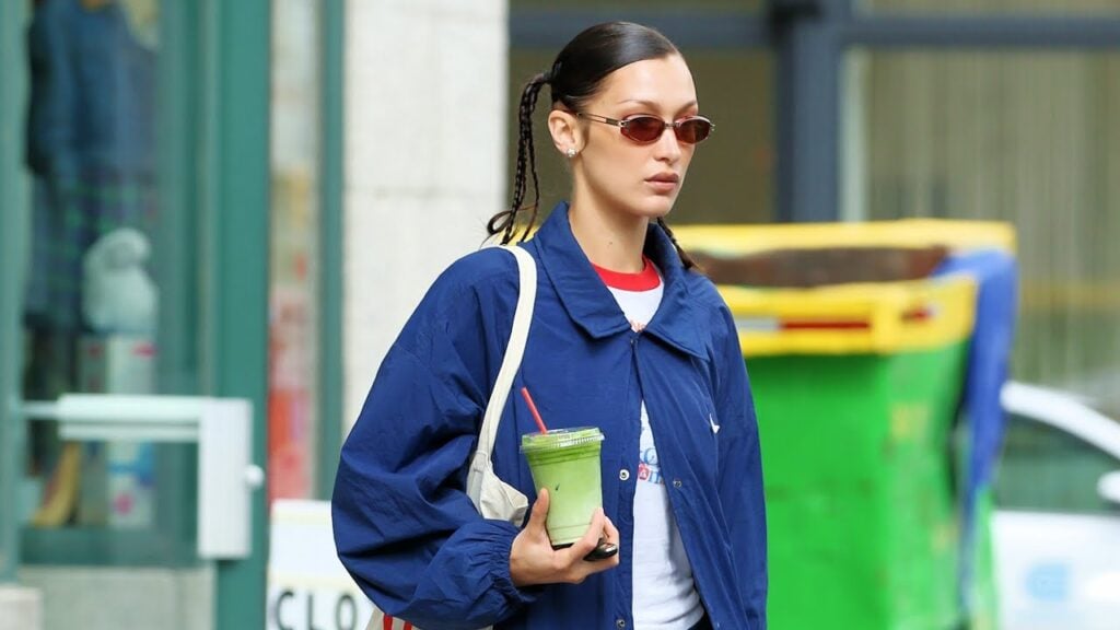 Bella Hadid holds iced matcha in New York.