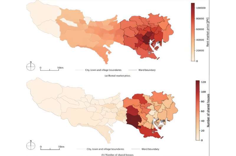 The maps illustrate differences in rental market prices (a) and the number of shared houses (b) across Tokyo's municipalities. While rents are highest within the 23 central wards, shared houses are also concentrated in these areas, indicating that accessibility and lifestyle appeal outweigh cost in shaping their distribution. Credit: Professor Yuno Tanaka from Shibaura Institute of Technology, Tokyo Beyond rent: Shared houses in Tokyo offer lifestyle, safety, and community