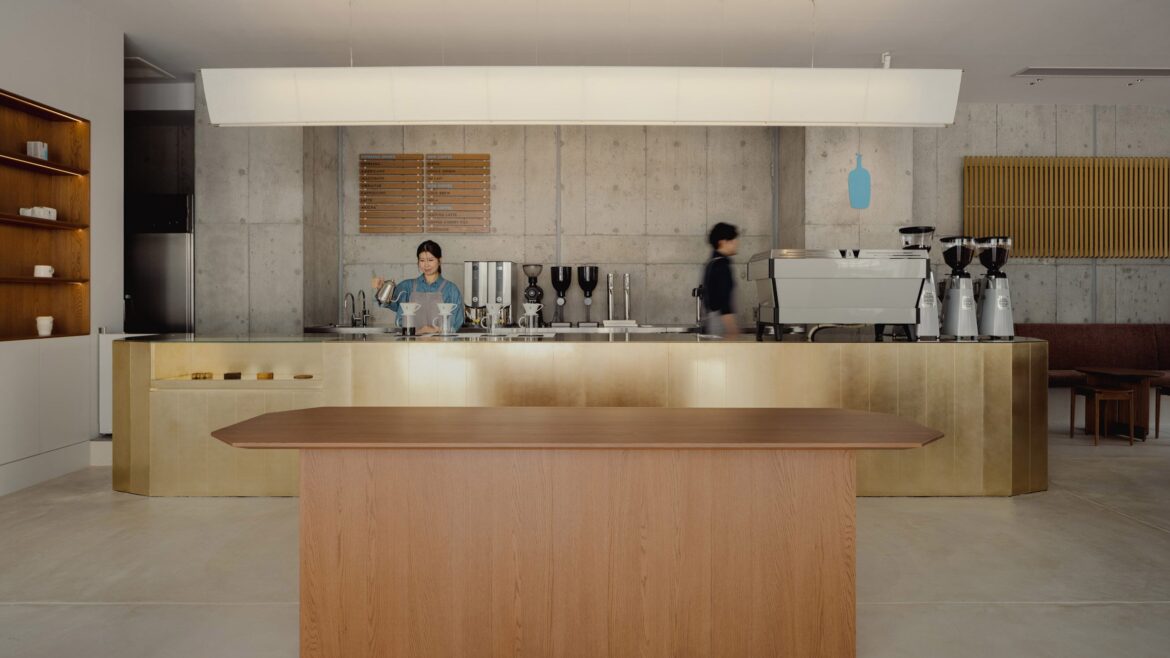 Blue Bottle Coffee cafe with bronze counter