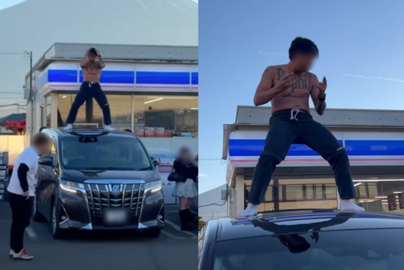 The Thai influencer dancing shirtless on the roof of a car in Japan, in front of a Lawson convenience store. (Photo: Social media)