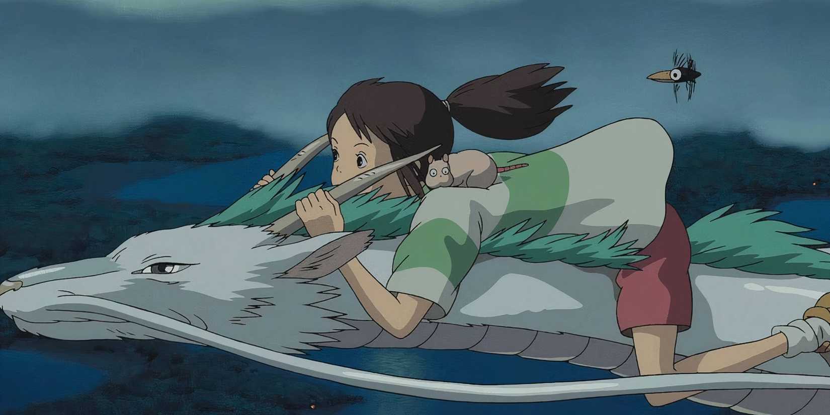 Chihiro holding into Haku as he flies above the river in Spirited Away