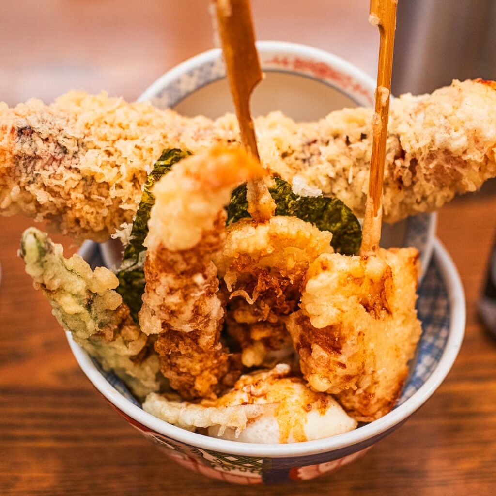 Squid tempura rice bowl, with many fries