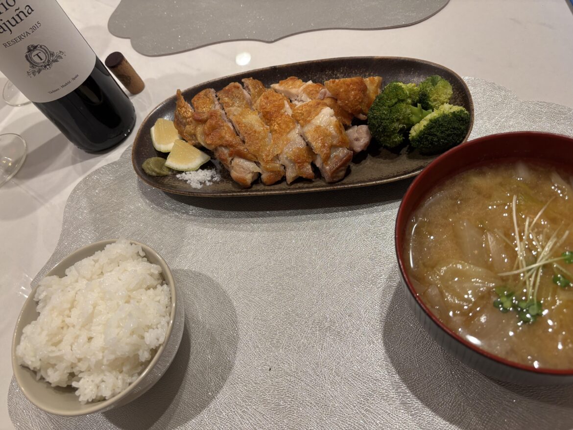 Made a slow-crisped chicken thigh with yuzu kosho and a vegetable miso soup