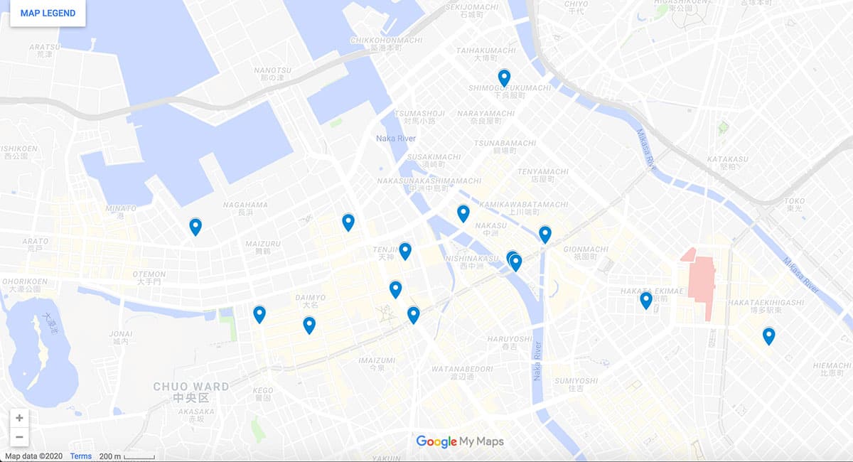 Fukuoka Restaurants Map with pins