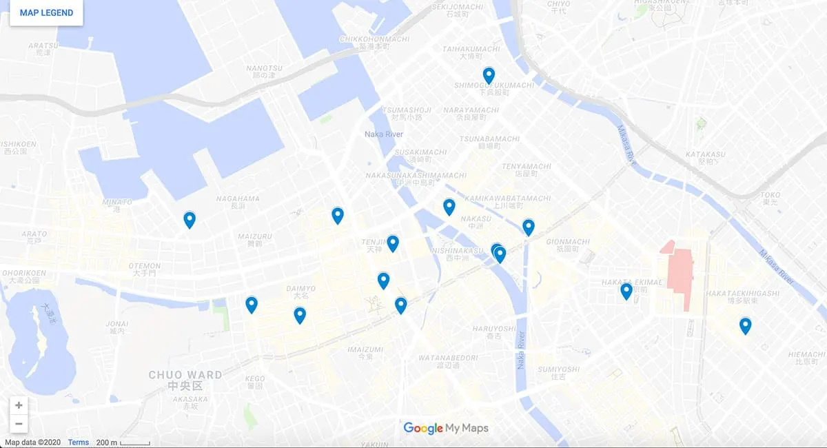 Fukuoka Restaurants Map with pins