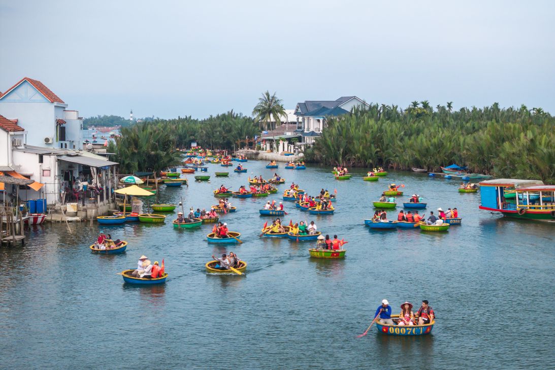 Tourists ride basket boats on the water in Hoi An, Vietnam, on May 7, 2025.