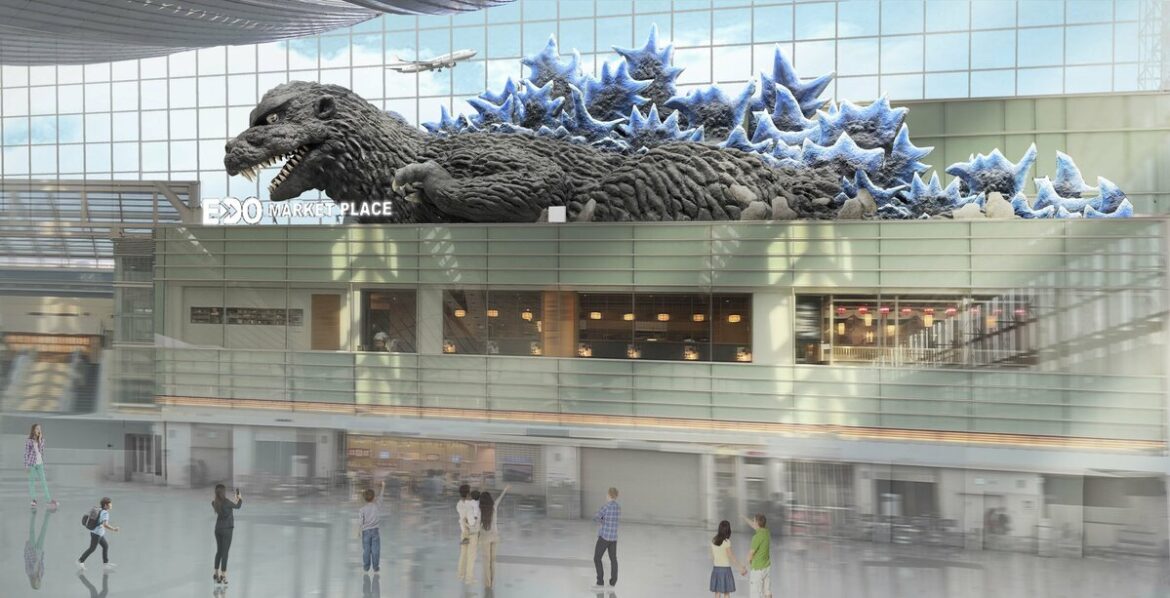 Huge Godzilla installation to see off travelers at Tokyo airport from Dec.