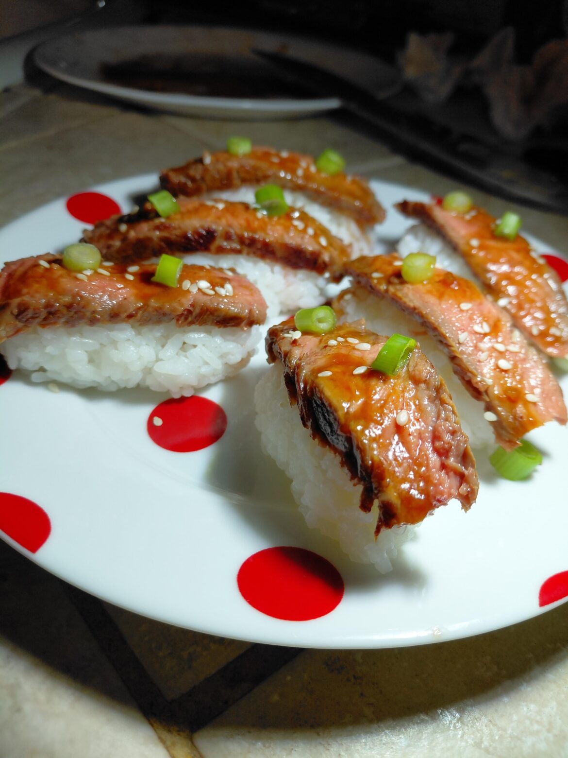 Homemade steak nigiri