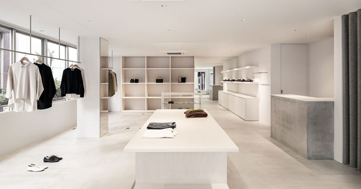 white-stained wood shapes bright interiors for tokyo apparel store