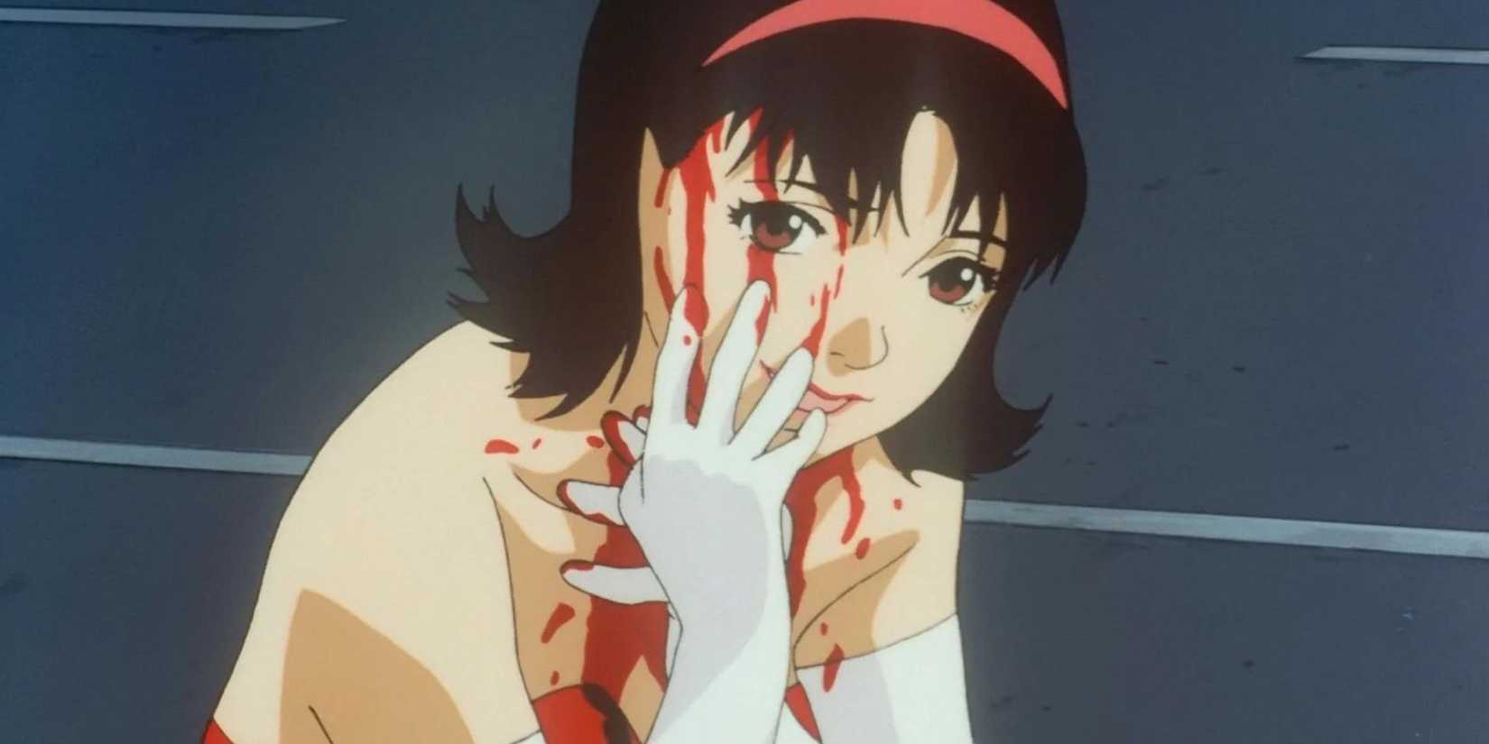 A distressed woman with blood on her face in Perfect Blue (1997)