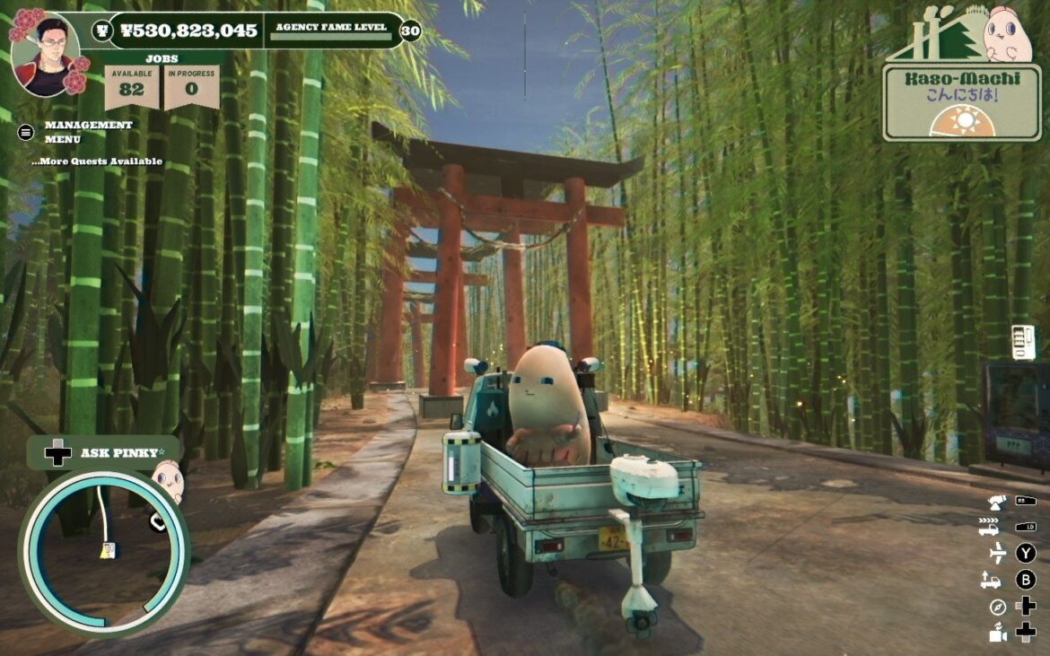 Why I love driving around oddball Japan in Promise Mascot Agency A truck drives through a bamboo forest with a mascot in the back