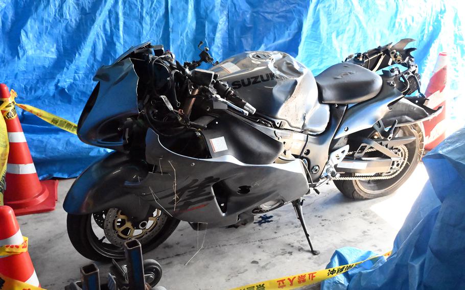 A damaged motorcycle.