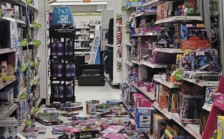 Store products are strewn on the floor after an earthquake in Japan.