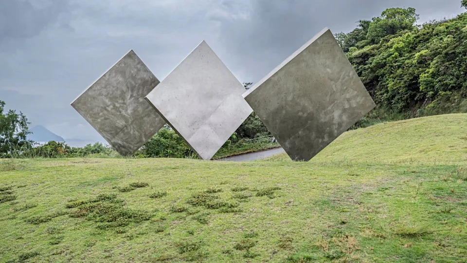 Naoshima, Kagawa, Japan - June 05 2023: Steel squares scenery crafted by american artist George Rickeyat found in Naoshima art island.