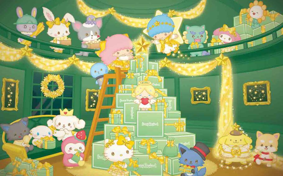 Sanrio characters illustrations with holiday present boxes