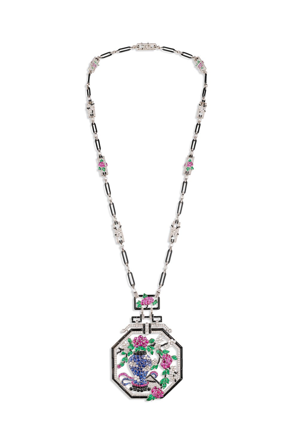 luxurious necklace featuring intricate floral design and gemstone details