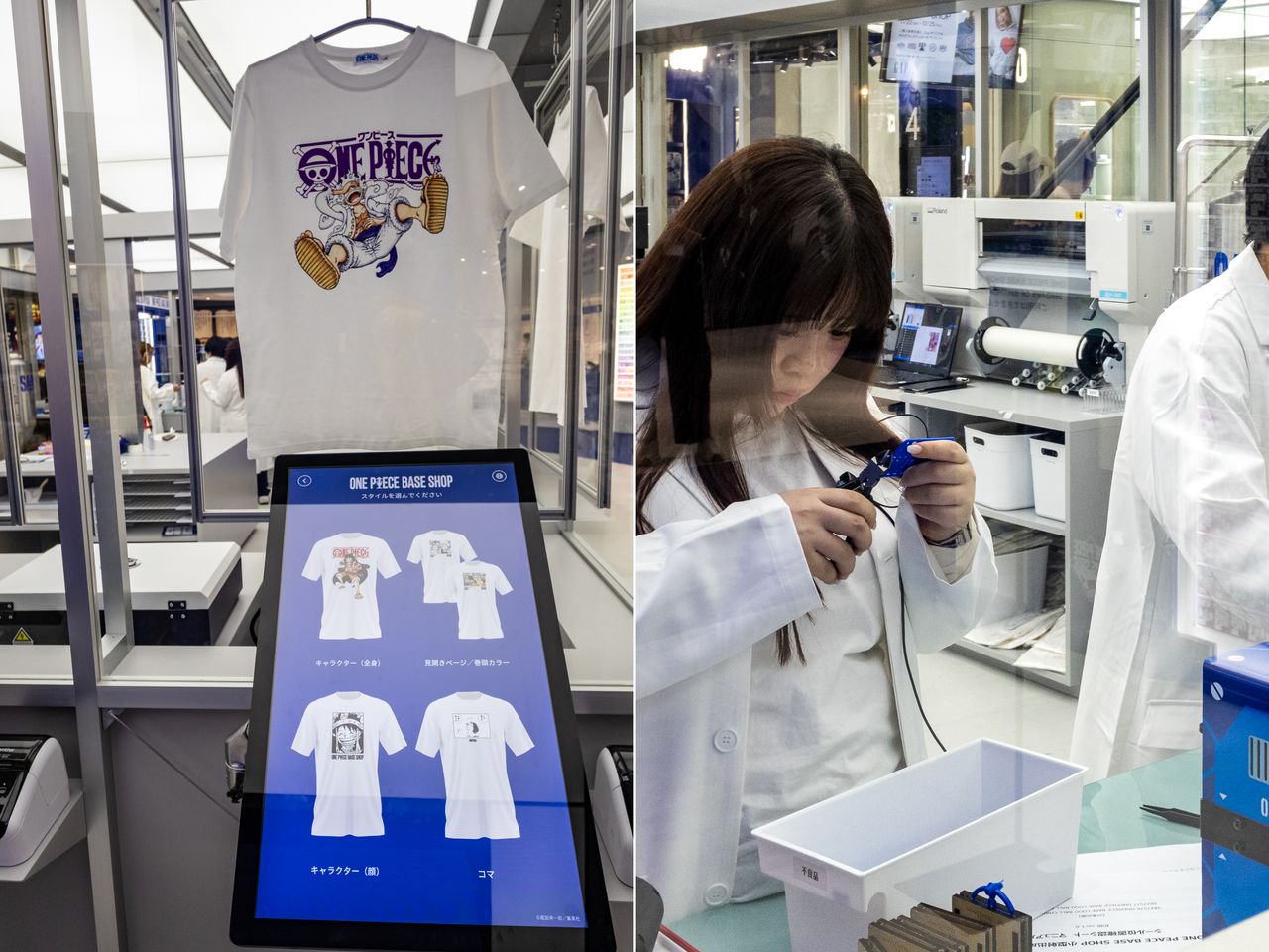In the lab, staff can create custom T-shirts and ball-chain keyholders on the spot. (© Nippon.com; characters © Oda Eiichirō/Shūeisha, Toei Animation)