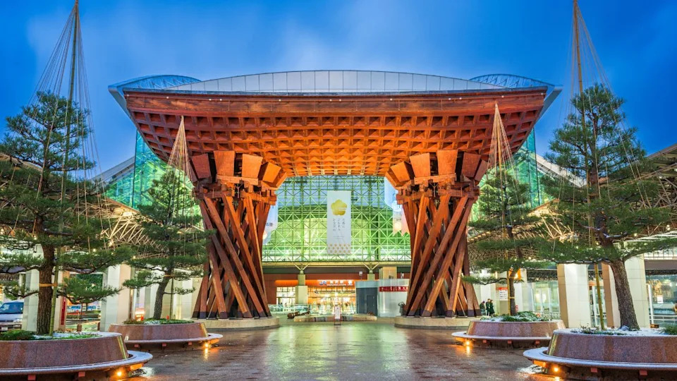 KANAZAWA, JAPAN - JANUARY 14, 2017: The Tsuzumi Drum Gate of Kanazawa Station at night. It is the major railway station of the city.