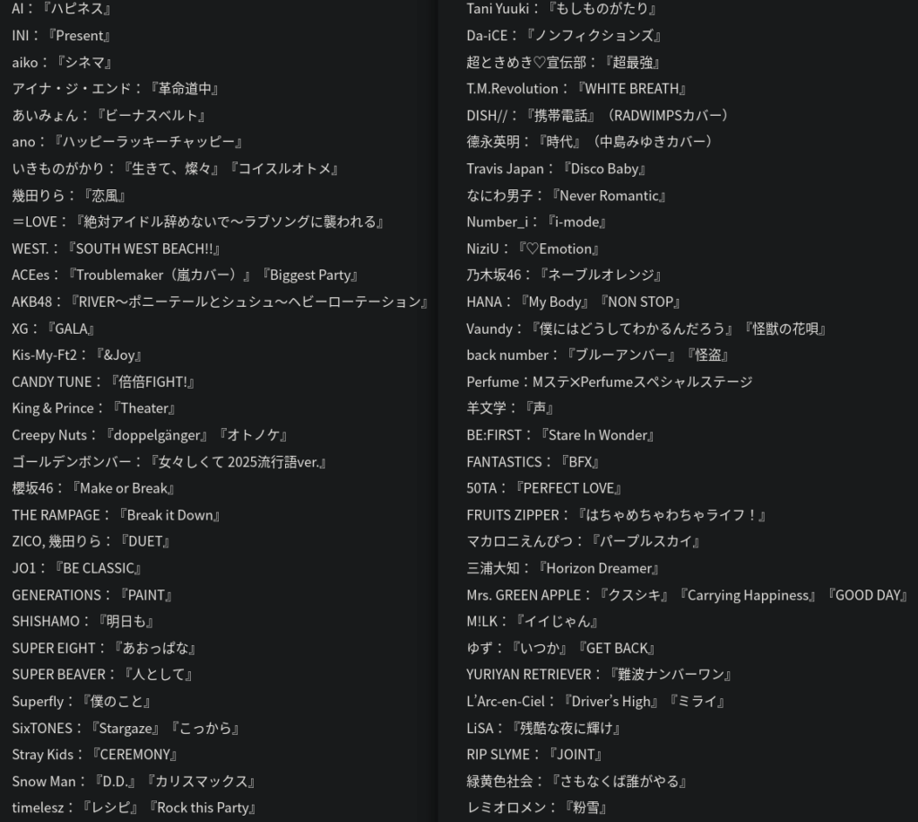 Song List for TV Asahi's Music Station Super Live 2025