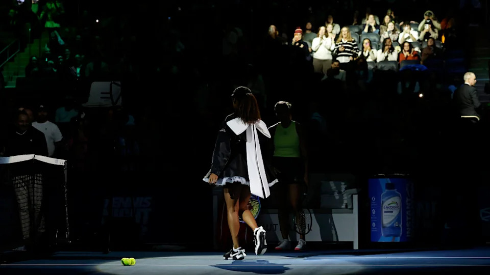 Naomi Osaka of Japan is introduced before facing Aryna Sabalenka during the Garden Cup at Madison Square Garden on December 08, 2025 in New York City. Adam Hunger/Getty Images