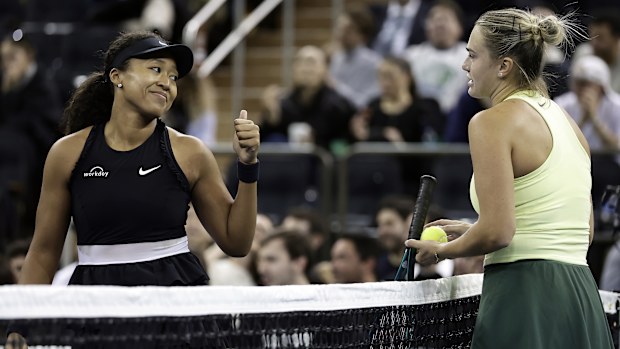 Aryna Sabalenka and Naomi Osaka share a moment during the Garden Cup at Madison Square Garden.