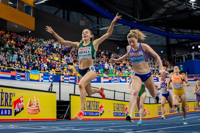 Sarah Healy beats Great Britain’s Melissa Courtney-Bryant to win the 3,000m final at the European Athletics Indoor Championships in March. Photograph: Morgan Treacy/INPHO
