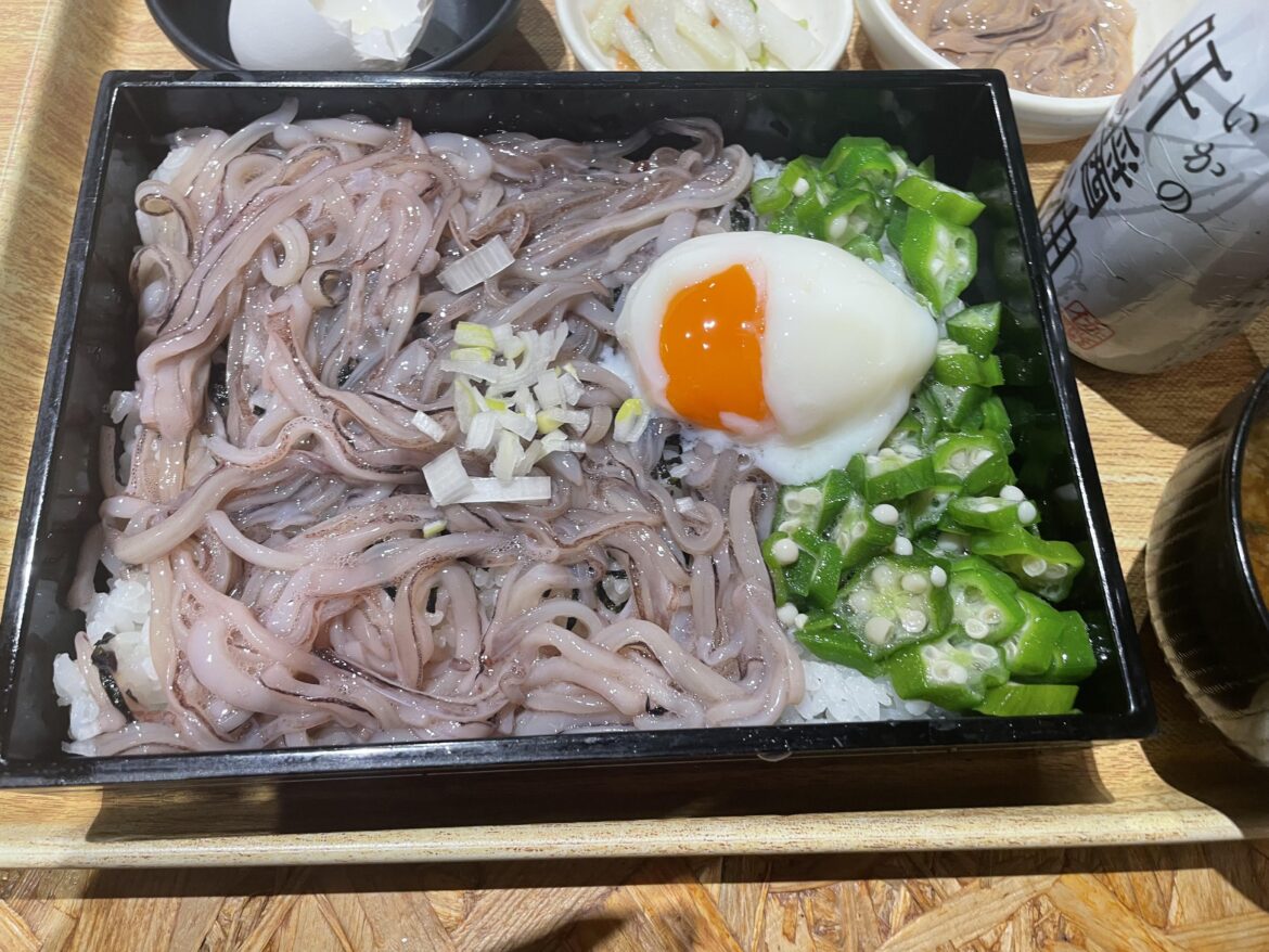 Fishermen-style food from rural Japan: a bento with fresh raw squid tentacles