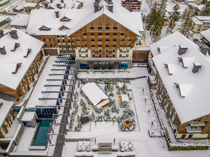 Aerial view of The Chedi Andermatt, a luxury resort in Andermatt, Switzerland. The Chedi Andermatt, Andermatt, switzerland, ski destinations, swiss alps
