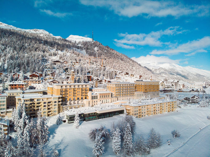 Aerial view of the Kulm Hotel St. Moritz in winter. Kulm Hotel St. Moritz, St. Moritz, ski destinations, swiss alps