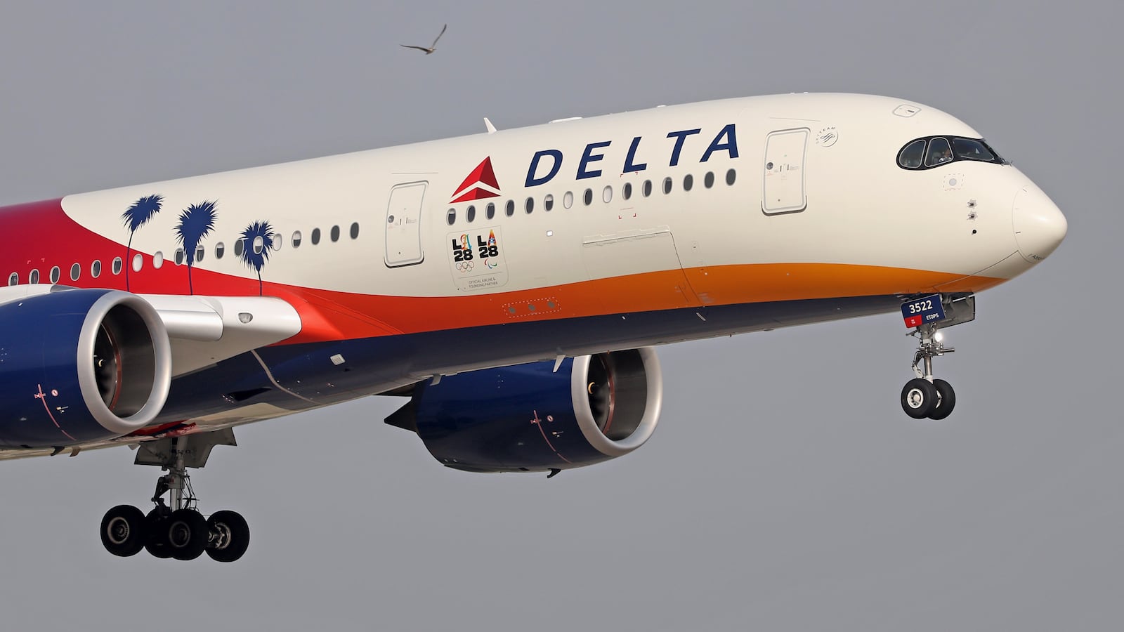The Delta Air Lines Airbus A350-941 with special LA28 Olympics livery visits Barcelona-El Prat Airport for the first time, in Barcelona, Spain, on August 27, 2025. (Photo by Joan Valls/Urbanandsport/NurPhoto via Getty Images)