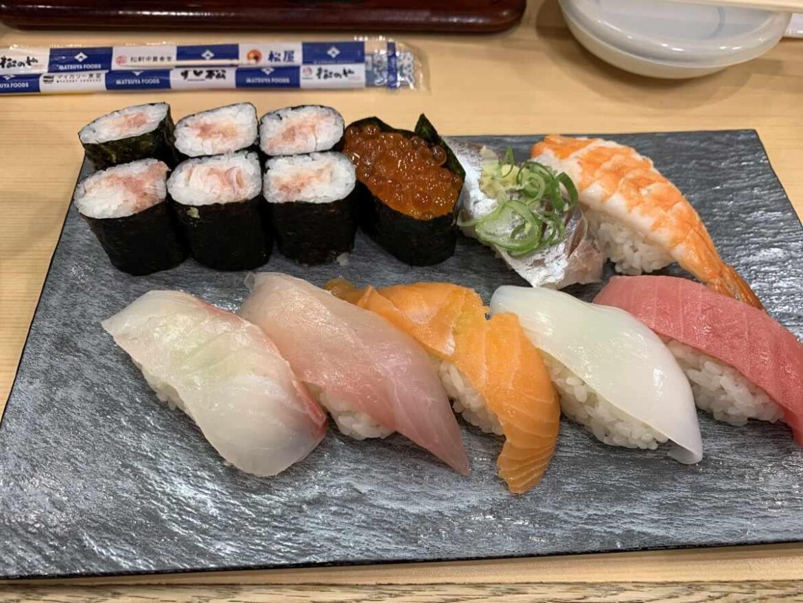 An unexpected hole-in-the-wall conveyor belt sushi restaurant. Beef bowl Matsuya sushi bar. SushiMatsu in Kamata